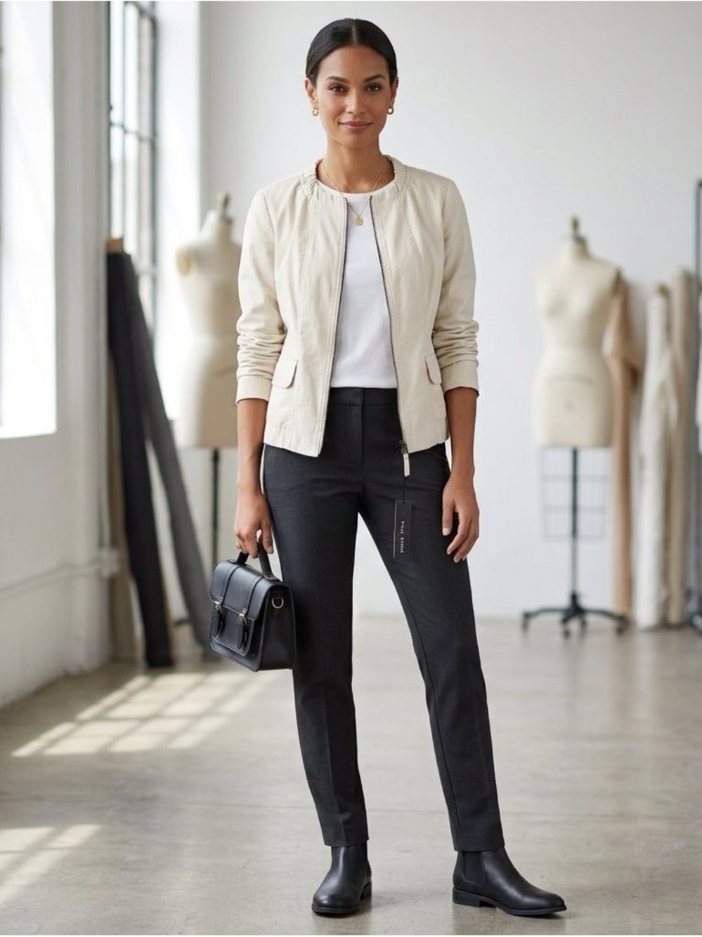 Willi Smith Cream Zip-Front Bomber Jacket